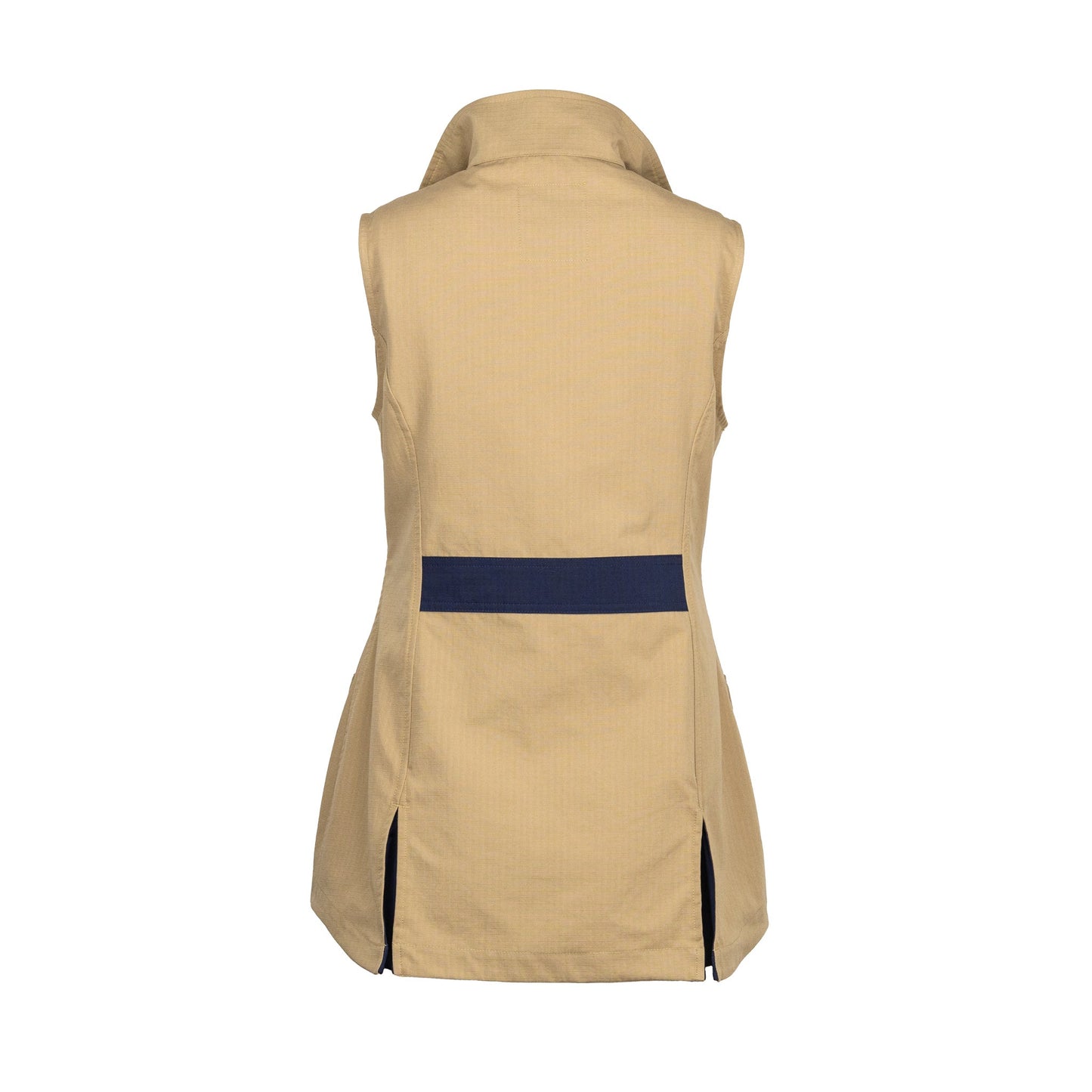 Make Ready Range Wear Ladies' Concealed Carry Vest in khaki with navy accents, back view.