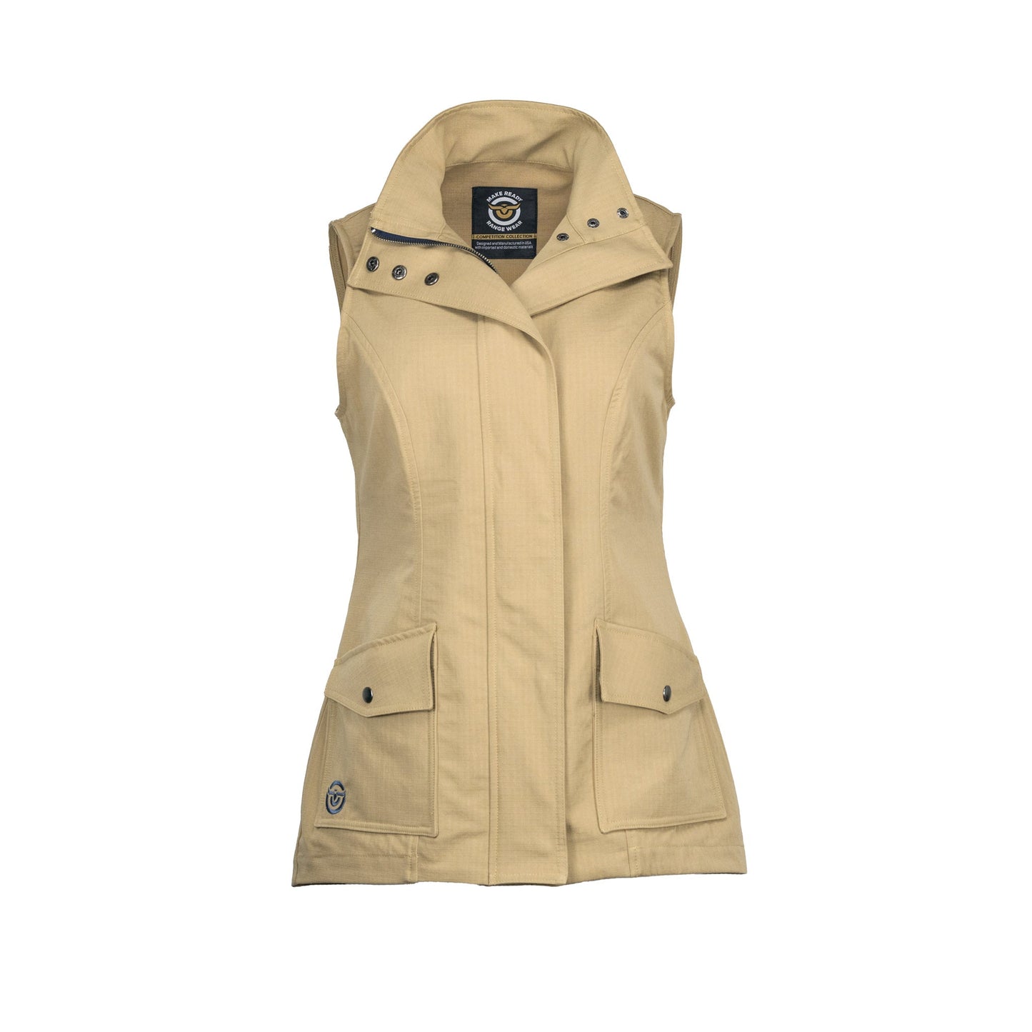 Make Ready Range Wear Ladies' Concealed Carry Vest in khaki with navy accents, front view.