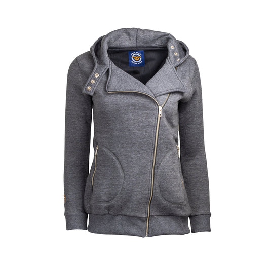 Make Ready Range Wear - Women's Concealed Carry Moto Hoodie in heathered charcoal. Extended sizes available.