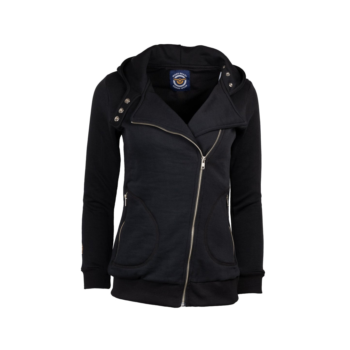 Make Ready Range Wear - Women's Concealed Carry Moto Hoodie in black. Extended sizes available.