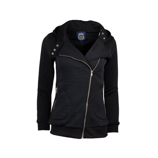 Make Ready Range Wear - Women's Concealed Carry Moto Hoodie in black. Extended sizes available.