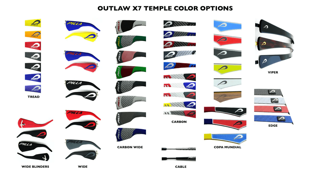 Pilla Outlaw X7 shooting glasses temple color options pictured. Make Ready Range Wear is an authorized Pilla dealer and can help you select the right Pilla frame and lenses for you!