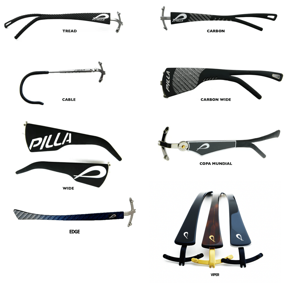 Pilla Outlaw X7 shooting glasses temple options pictured. Make Ready Range Wear is an authorized Pilla dealer and can help you select the right Pilla frame and lenses for you!