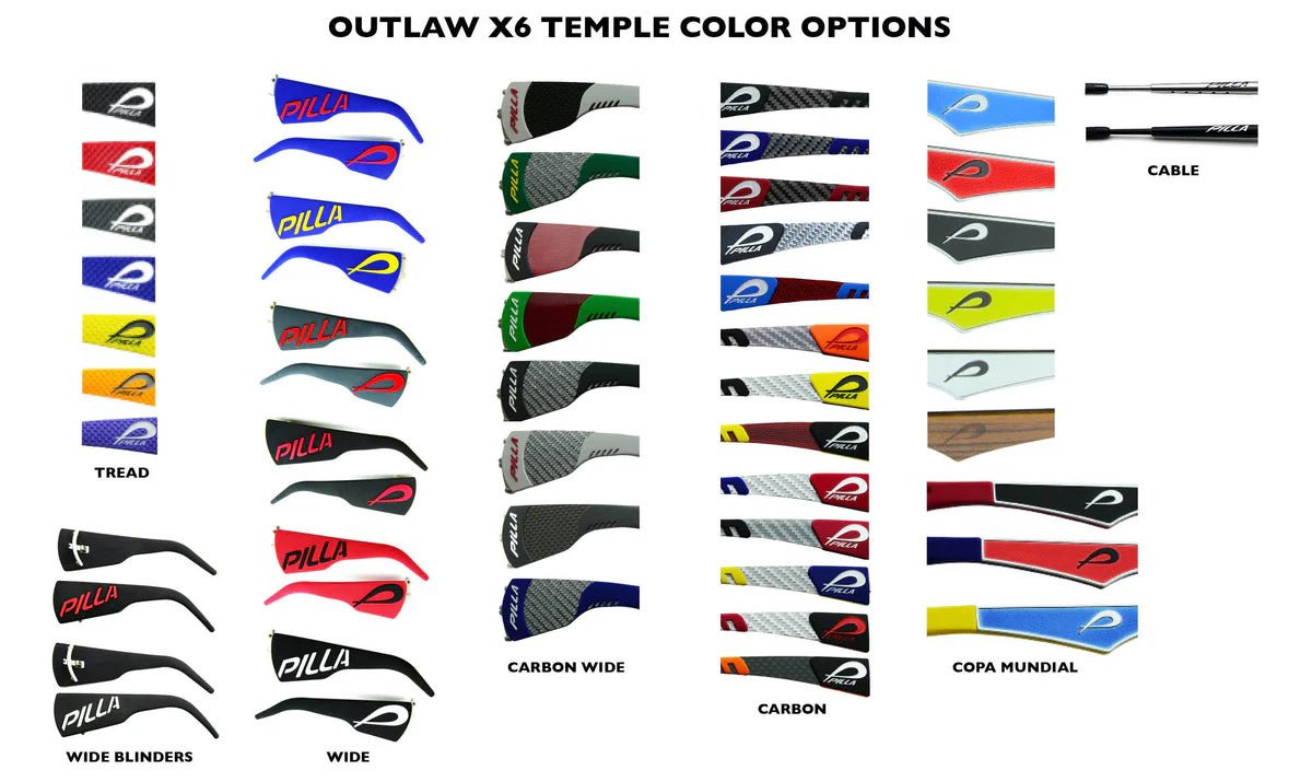 Make Ready Range Wear is an authorized Pilla Performance Eyewear dealer. Pictured are temple color options for the Pilla Outlaw X6 shooting glasses.